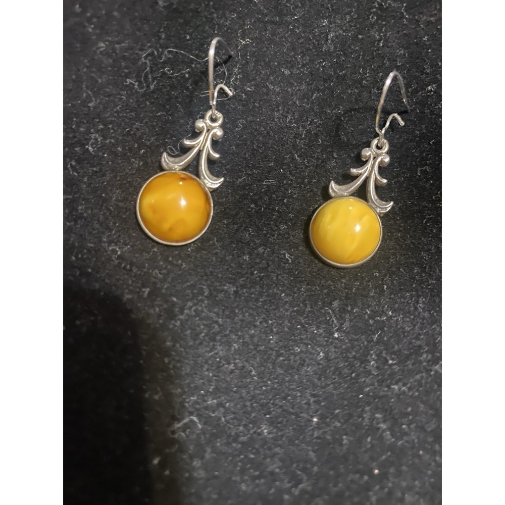 VTG Sterling Silver Filagree Butterscotch CabochonAmber Earrings